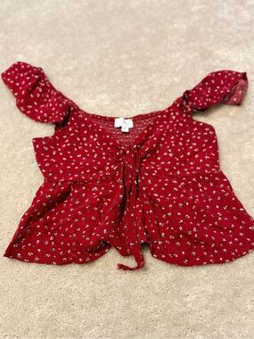 La Hearts Red Floral Tie-Front Peplum Blouse